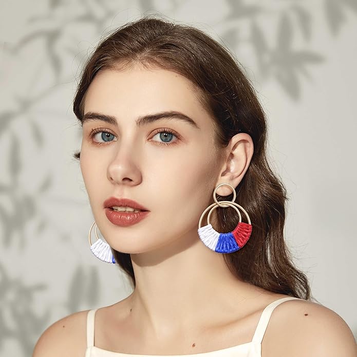Raffia Hoop Earrings for Women Fun Boho Summer Beach Earrings Lightweight Handmade Straw Wicker Rattan Dangle Earrings Statement Geometric Round Drop Earrings