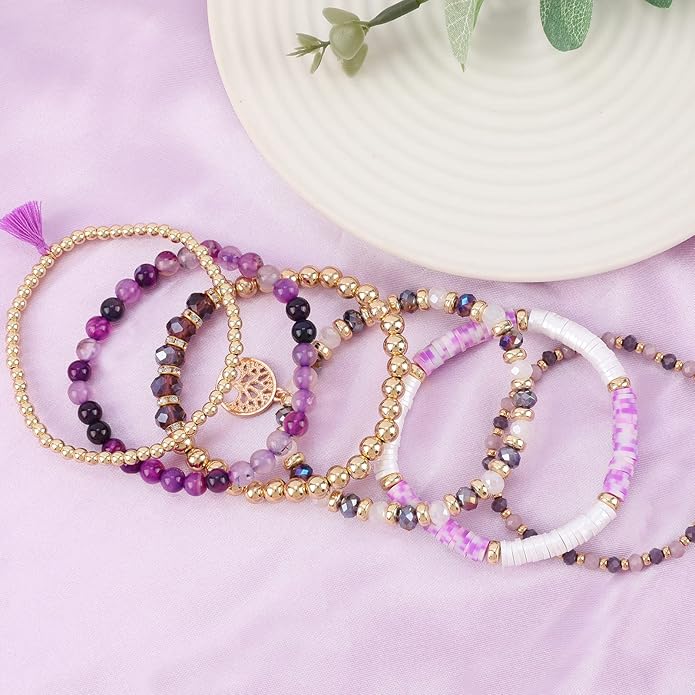 Bohemian Colorful Beaded Bracelets for Women Boho Stackable Natural Stone Letter Clay Glass Beads Stretch Bracelet Set with Charm, Cute Rainbow Friendship Bracelets for Summer Vacation