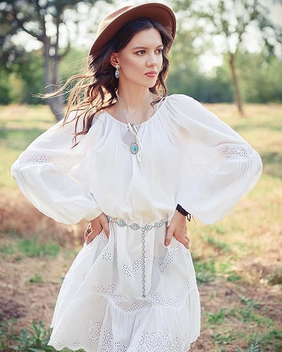 Haysandy 4 Pcs Turquoise Western Jewelry Sets for Women Bohemian Vintage Concho Necklace Classic Dangle Earrings Bracelet Belt