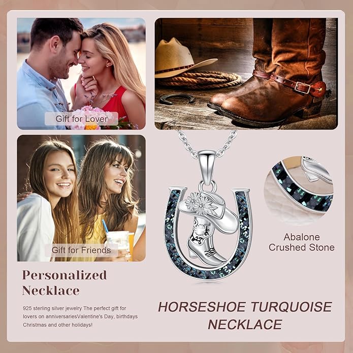 Western Cowboy Necklace 925 Sterling Silver Horseshoe Pendant Western Jewelry Cowgirl Gifts for Women Girlfriend Cowboy Cowgirl