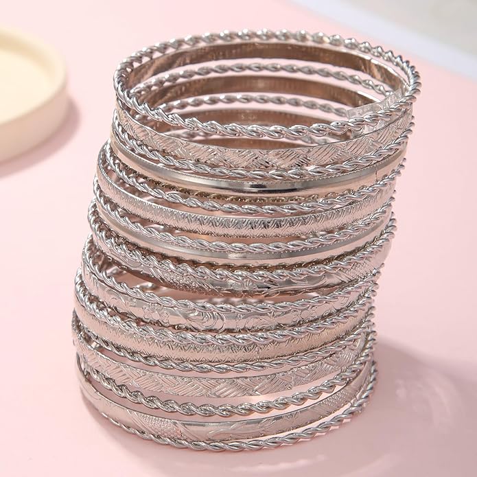 16Pcs Gold Bangle Bracelets for Women - Multi Layer Stackable Textured Bracelets Boho Jewelrys Set.