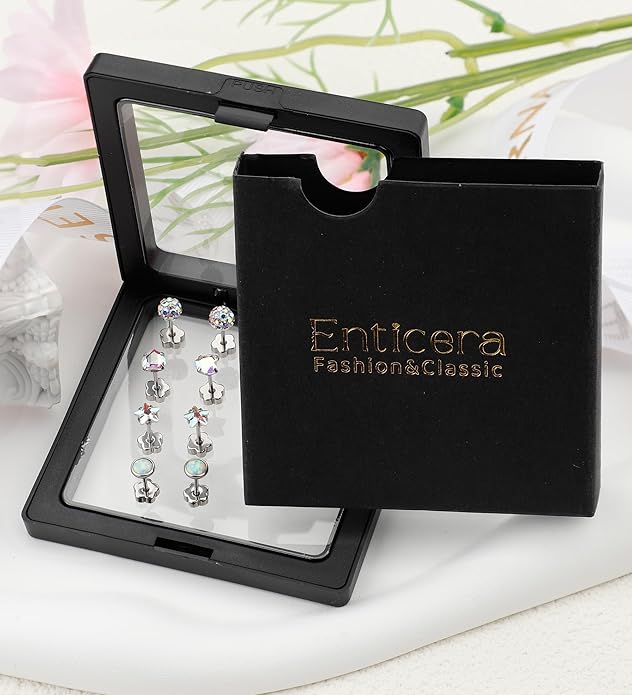 4Pairs 14K Gold Stud Earrings for Women Girls 316L Stainless Steel Hypoallergenic Earrings 20G Flat Back Handmade Nap Earrings Cute Screw Back Opal Heart Star Cartilage Earrings