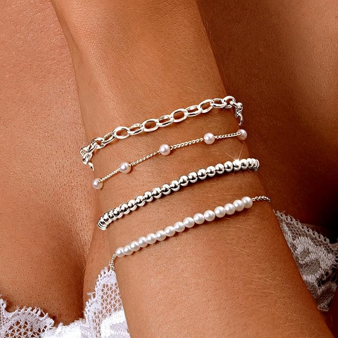 Zeffy Gold Pearl Beaded Bracelet for Women, 14K Gold Plated Jewelry Set With Paperclip Link Chain, Trendy Stack Bracelets