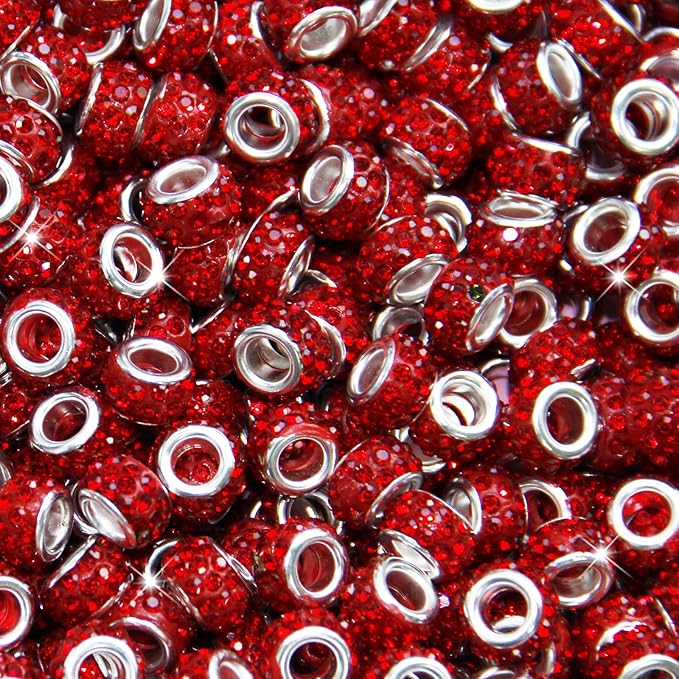 100Pcs Rhinestone Large Hole Beads Spacer Beads Red European Craft Big Beads Large Hole Rhinestones Lampwork Murano Bead Fairy Wand Garden Beads for DIY Bracelet Necklace Jewelry Making Supplies