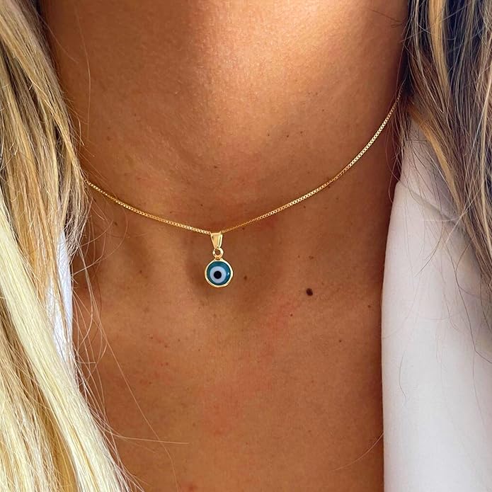 Evil Eye Necklace for Women 14K Gold Plated Delicate Necklaces Blue White CZ Diamond Pendant Necklace Cute Boho Tiny Evil Eye Lucky Protection Jewelry Gift for Women