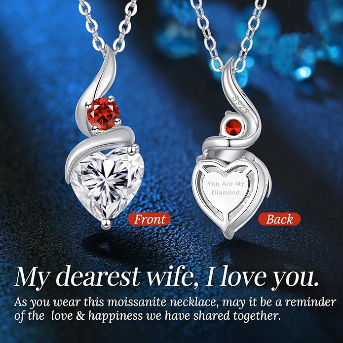ANDSO Valentine's Day Gift Moissanite Heart Pendant Necklaces for Women, 925 Sterling Silver Necklace with Birthstone, Ideal Anniversary Present or Birthday Jewelry Gifts for Mom Wife Her Girlfriend