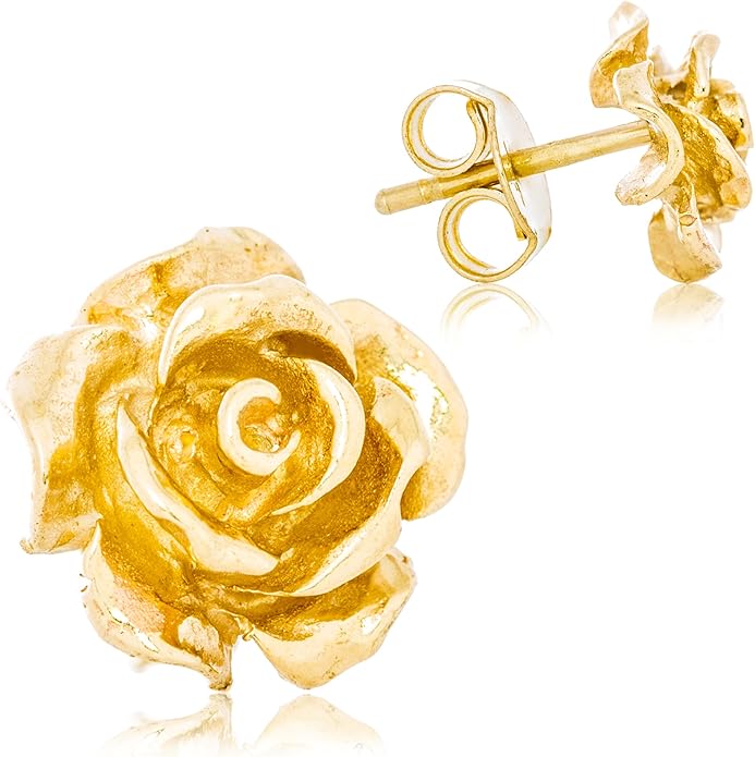 Solid 14K Yellow Gold Rose Flower Stud Earrings Handcrafted style 3/8 inch with Post and Friction Back | 2.0g