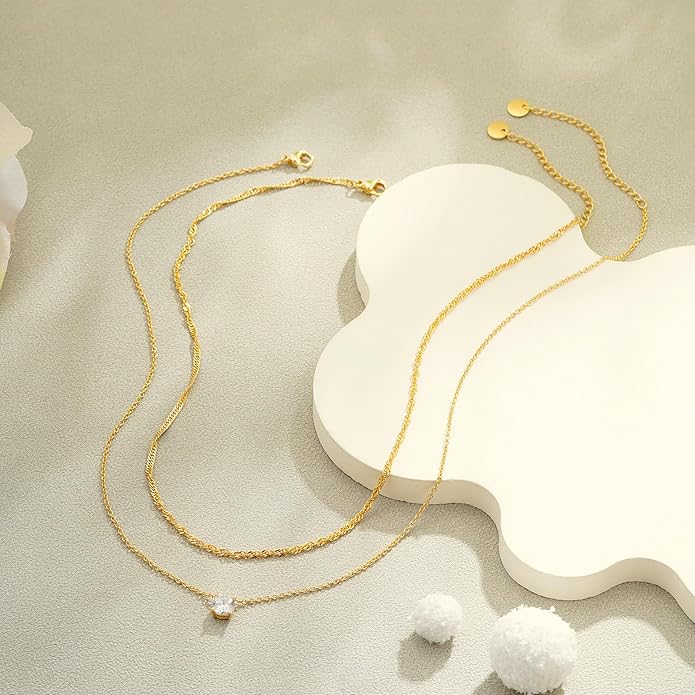 Dainty Gold Necklace for Women Non Tarnish Layered 14k Diamond Pendant Charm Gold Plated Necklaces CZ Trendy Zirconia Chain Choker Necklace Stack Gold Jewelry for Women Birthday Gift