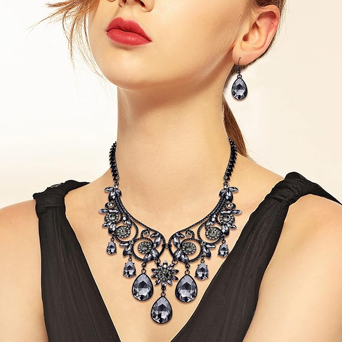 BriLove Women's Tribal Ethnic Crystal Chunky Statement Necklace Dangle Earrings Set