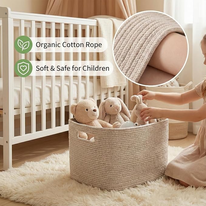 JMvicyroam 65L Large Woven Cotton Rope Blanket Basket, Oatmeal | Blanket Storage - Image 4