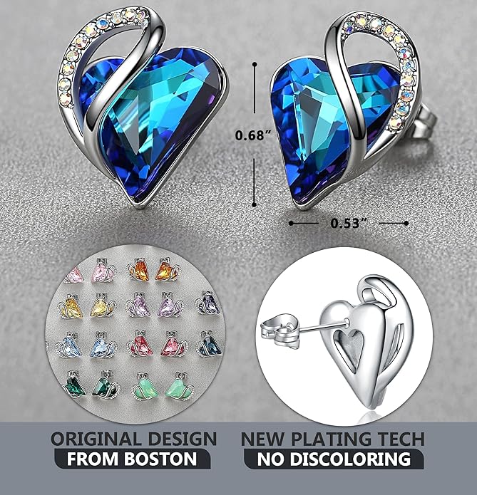 Leafael Infinity love Heart Birthstone Stud Earrings for Women, Valentine's Day Gifts for Mom, Wife, and Her, Silver Plated Birthday Jewelry