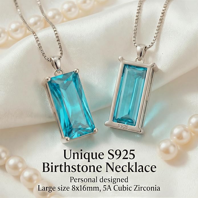 Minimalist Square 8mm×16mm Birthstone Sterling Silver Necklace - Hypoallergenic, Lightweight, Gift for Her