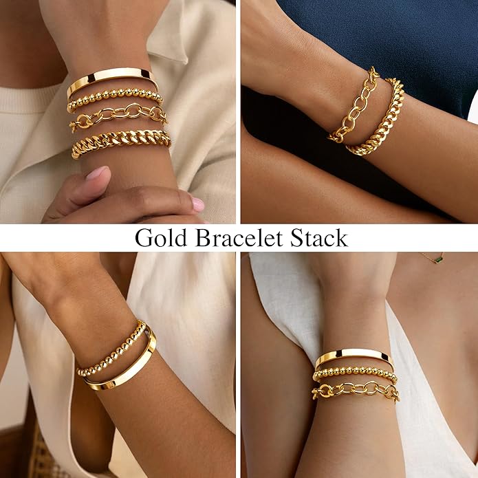 Gold Bracelets Set for Women Stack, Dainty Thick Bracelets Stack for Women Trendy, Simple Thin Gold Plated Cuff Stackable Bracelets With Beaded Cuban Paperclip Snake Rope Bangle Hand Chain Jewelry Gifts for Women Non Tainish