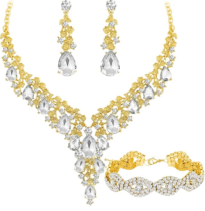 Wedding Bridal Bridesmaid Austrian Crystal Rhinestone Jewelry Sets Statement Choker Necklace Earrings Bracelets Sets for Wedding Party Prom