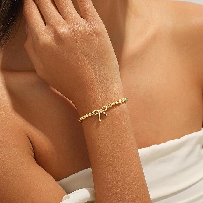 Gold Bracelets for Women, Cute 14K Gold/Silver Plated Stretch Beaded Bracelets for Women Trendy Stackable Charm Bracelet Dainty Adjustable Waterproof Non Tarnish Jewelry Gifts for Her