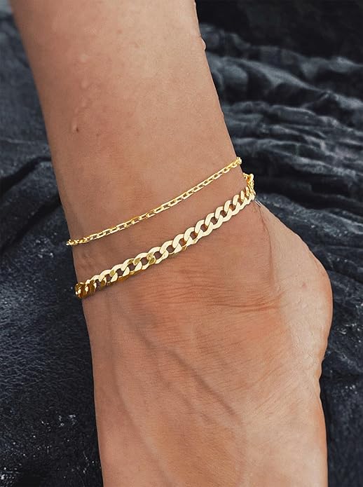 DEARMAY Dainty 14K Gold Plated Ankle Bracelets for Women, Waterproof 14K Gold Plated Link Chain Anklets Non Tarnish Set Pack Summer Beach Jewelry Gift