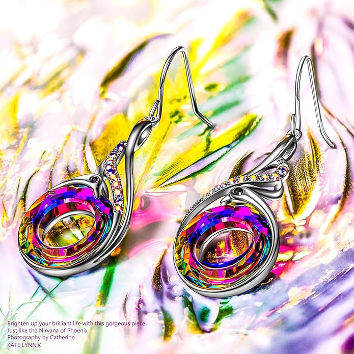 Kate Lynn "Rise From the Ashes" Phoenix Earrings, Sterling Silver Dangle Earrings with Crystals from Austria, Birthday Gift with Jewelry Box, Symbol of Luck and Renewal