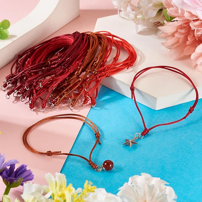 40Pcs Adjustable Braided Cord Colorful Waxed Thread Half Finished Bracelet with Jump Rings Knotting Bracelet Ropes for Wrist DIY Women Jewelry Friendship Bangle Decor 8.5-16cm Long-Red