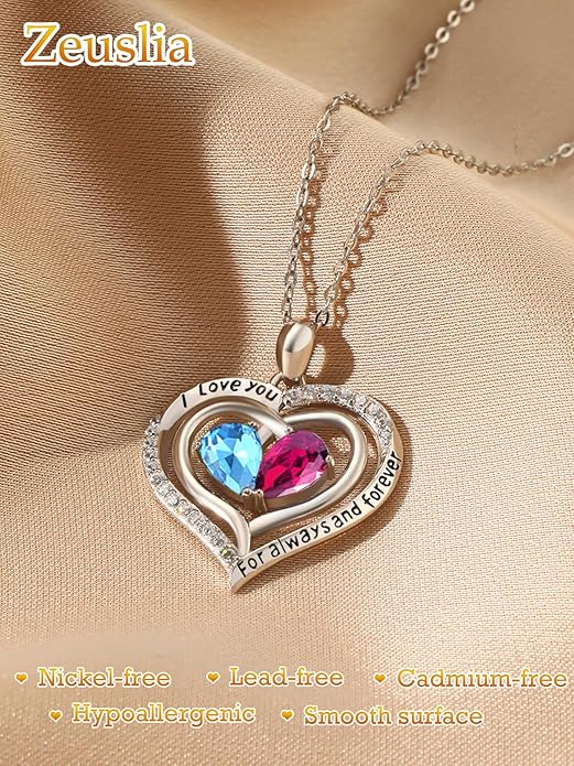 Valentine's Day Gifts for Wife 925 Sterling Silver Double Birthstone Pendant Necklaces I Love You for Always and Forever Necklace Anniversary Birthday Gifts for Wife Girlfriend Mom Her