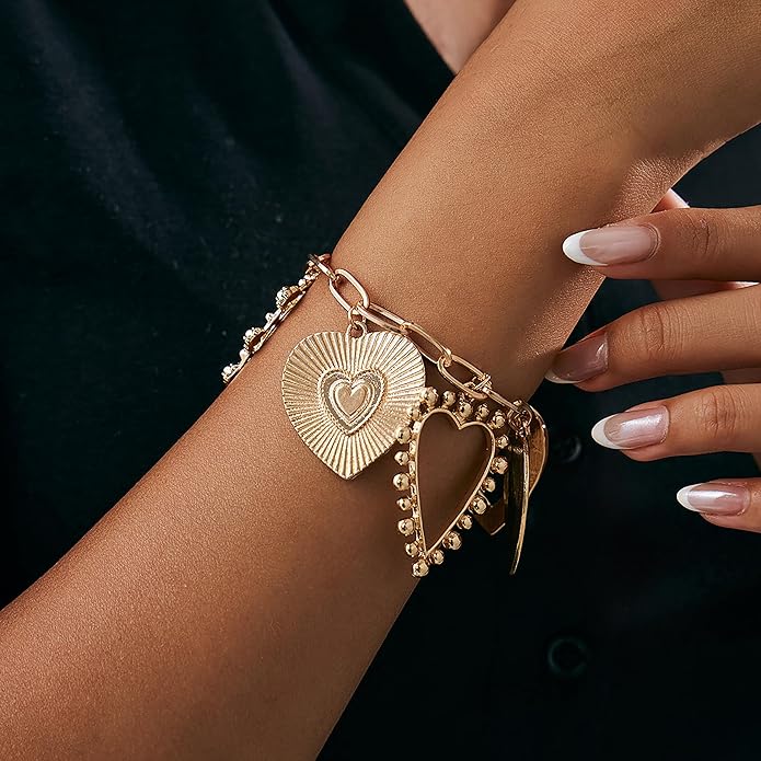 Gold Heart Chunky Charm Necklace for Women with Matching Bracelet, Healing Boho Jewelry Set, Italian Mirror-Polished Alloy, Spiritual Energy Pendant for Meditation, Growth & Inner Strength Gift