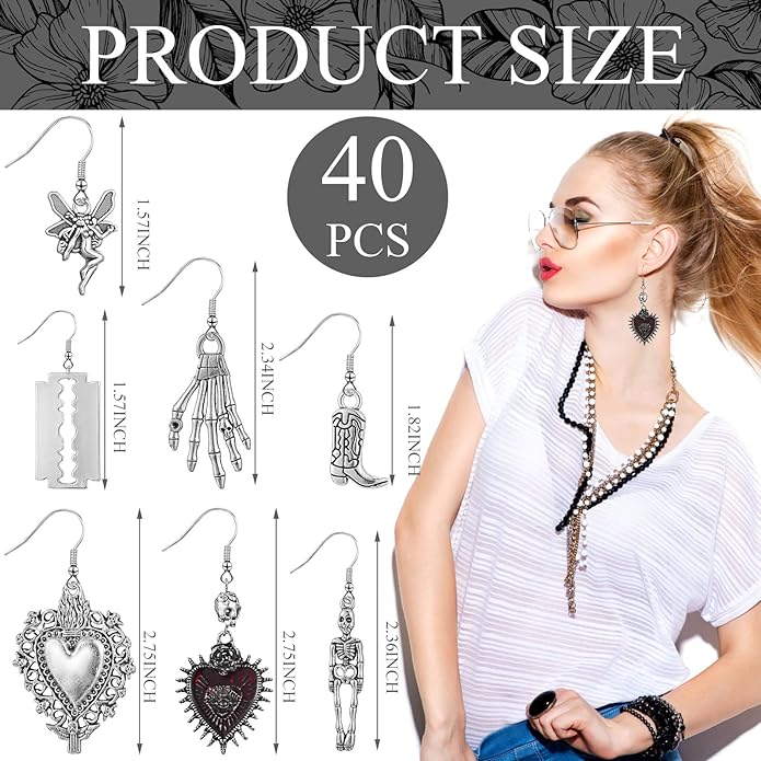 Yinkin 40 Pairs Goth Earrings Set Grunge Punk Rock Dangle Earring Gothic Y2k Jewelry Bat Cross Snake Skull Earrings for Women
