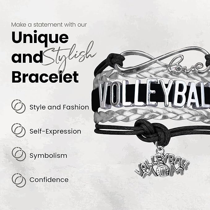 Volleyball Bracelets For Girls- Ideal Volleyball Gifts & Souvenirs. Adjustable Charm Bracelet with Moveable Letters, Infinity Symbol & Silver Volleyball Charm. Fashionable Bracelets by SportyBella.