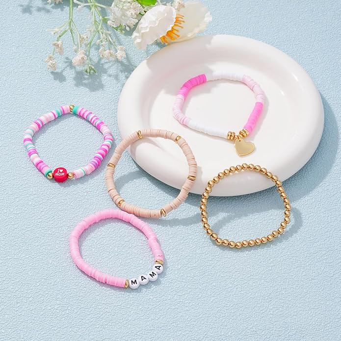 Heishi Beaded Stretch Bracelets for Women Stackable Polymer Clay Beads Bracelets Friendship Boho Summer Beach Bracelet Jewelry Set