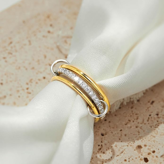 Gelbesty Stackable Gold Silver Band Rings for Women, Statement Chunky Cubic Zirconia Rings, Fashion Unique Designer Mixed Metal Jewelry Size 5/6/7/8/9/10/11