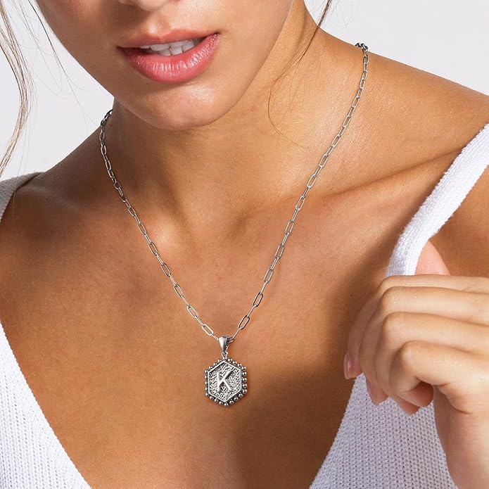 M MOOHAM Valentines Gifts for Women Teen Girls, 14K-Gold-Plated Initial Necklaces for Women Cute Hexagon Letter Initial Necklace Layered Necklaces for Womens Teen Girl Valentines Jewelry Gifts