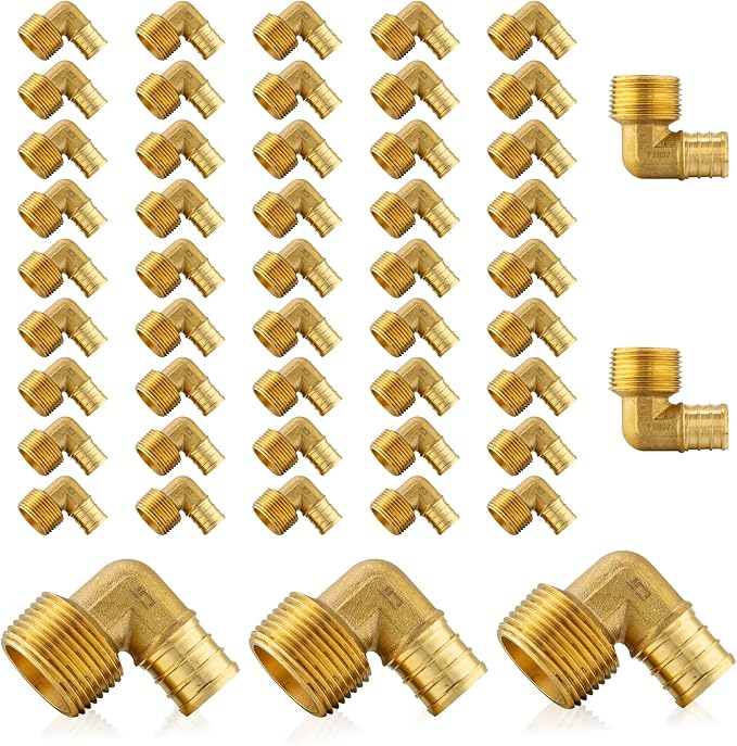 PEX Fittings, Pex 3/4" x 1/2" Male Threaded NPT Elbow Adapter, Brass Crimp by Seelink