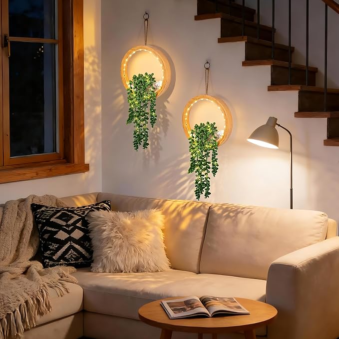 Der Rose 2 Pack Fake Lighted Hanging Succulent Plants Wood Pot - Image 8