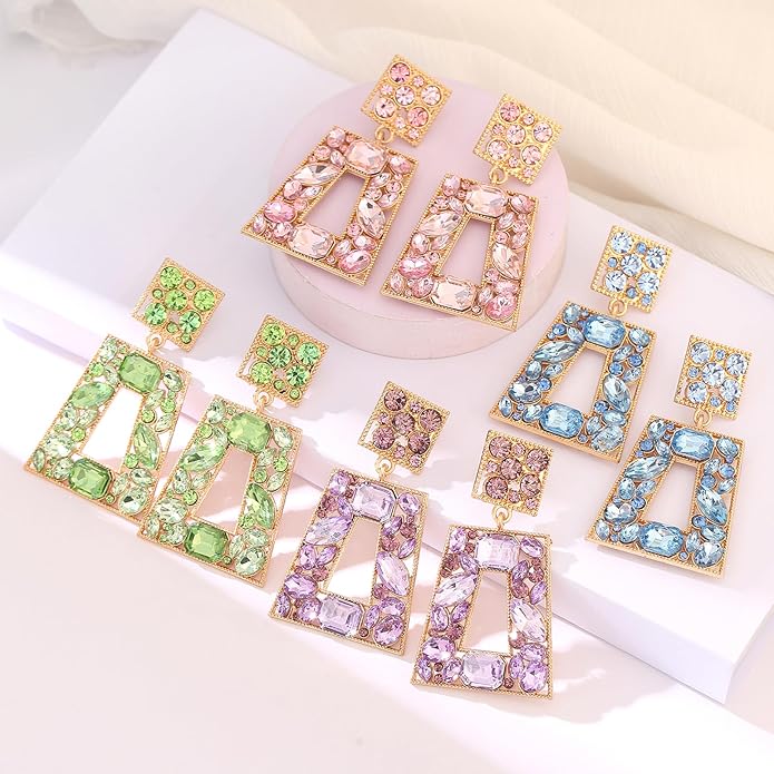 Rhinestone Rectangle Statement Earrings Colorful Crystal Geometric Drop Dangle Earrings for Women Prom Party