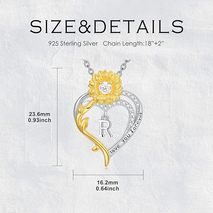 Initial Necklace 925 Sterling Silver Sunflower Heart Letter Pendant Alphabet Anniversary Birthday Jewelry Gifts for Women Mom Girlfriend Wife Her