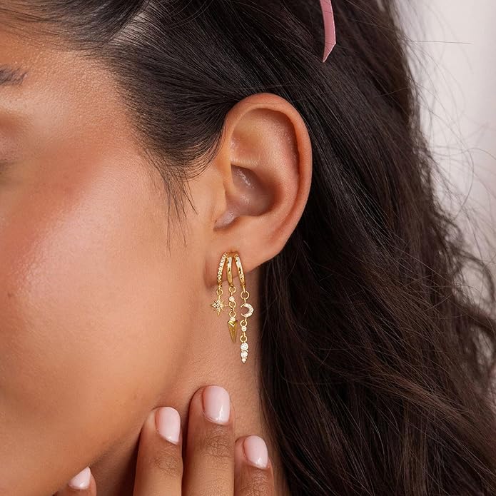 Dangle Earrings For Women,Dainty 14K Gold Plated Hypoallergenic Small Triple Huggie Hoop Earring Gothic Cute Cross Moon Star Drop Earrings For Women Trendy Gold Statement Stud Earring Jewelry