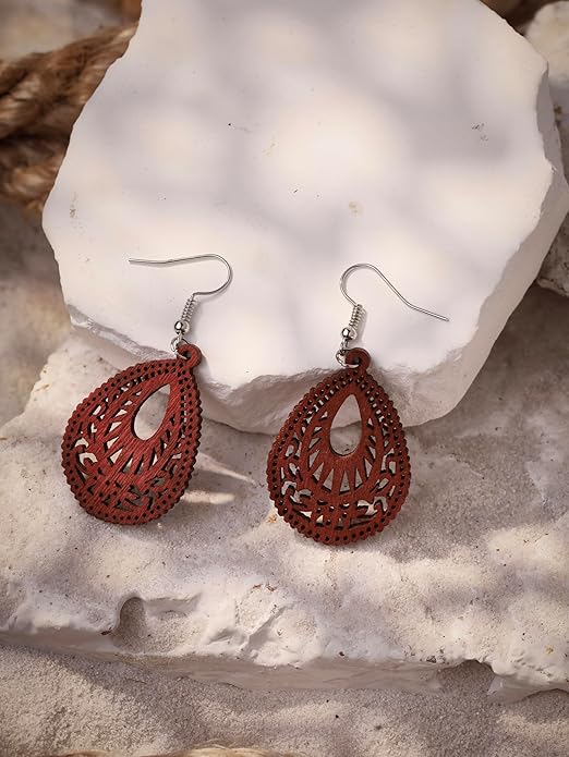 MINACHI Bohemian Hollow Cut-Out Wood Leather Dangle Drop Earrings, Boho Chic Hippie Statement Jewelry Gift for Women