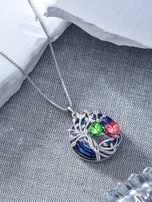 TOUPOP s925 Sterling Silver Family Celtic Tree of Life Pendant Necklaces with 2 Heart Birthstone with Blue Austrian Crystal Jewelry Birthday Valentines Day Gifts for Her, Anniversary Christmas Gifts for Wife Girlfriend Mom (18K Real White Gold Filled)