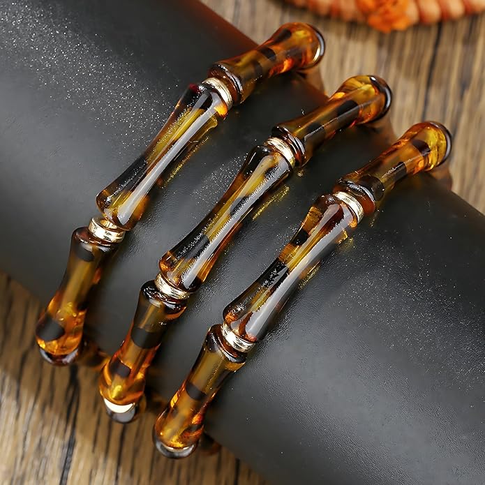 Tortoise Shell Bamboo Bangle Bracelet for Women – 3-Layer Acrylic Stretch Cuff with Faux Tortoiseshell Pattern – Retro Stackable Jewelry