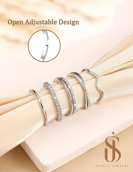 Jstyle Gold Stackable Rings for Women Non Tarnish Open Adjustable Rings Cubic Zirconia Thin Thumb Silver Ring Set 14K Gold Filled Pinky Knuckle Stacking Set - Dainty Statement Promise Band Ring Sets
