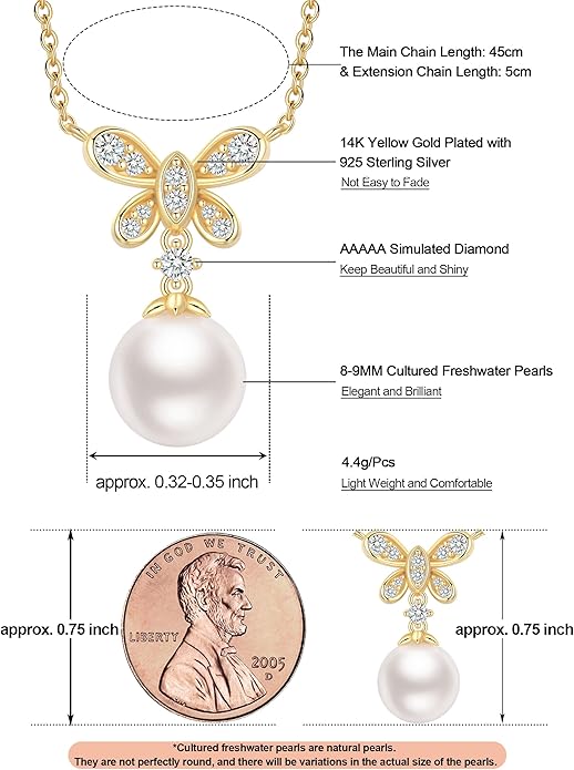 Pearl Necklace for Women with 14K Gold Plated S925 Silver & Butterfly Pendant Necklace, 17.7"+2" Chain Length, Gift for Birthday, Mothers Day, Christmas, Anniversary, Graduation