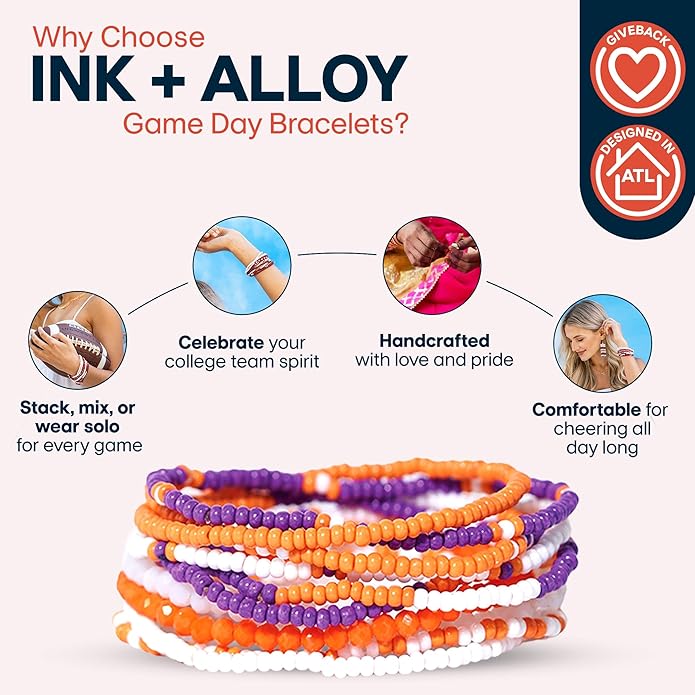 INK + ALLOY Game Day Bracelet Stacks, Beaded Bracelets for Football Gameday Outfits, Handmade Jewelry for College Students, Teachers, Football Moms, Set of 10