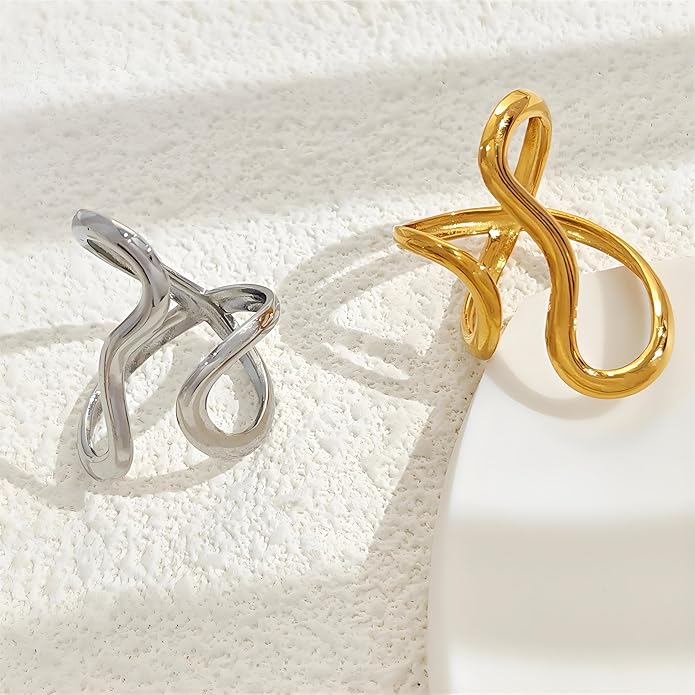 Chunky Rings For Women, Gold Silver Thumb Ring Asymmetrical Wavy Curve Ring Adjustable Non Tarnish Dainty Stainless Steel New Year Anniversary Birthday Jewelry Gift