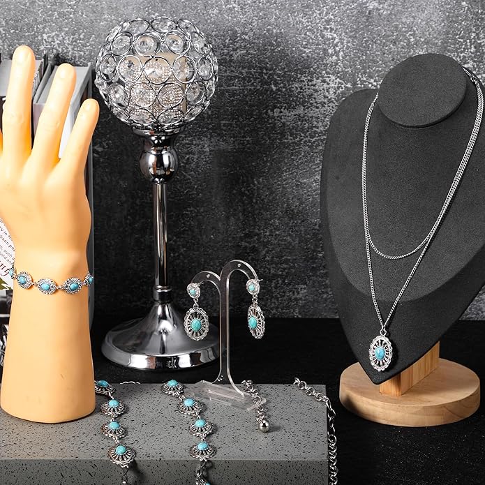 Haysandy 4 Pcs Turquoise Western Jewelry Sets for Women Bohemian Vintage Concho Necklace Classic Dangle Earrings Bracelet Belt