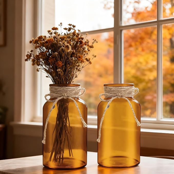 6 Pack Mason Jar Vases for Centerpieces, Amber Glass Flower Vase | Vintage - Image 3