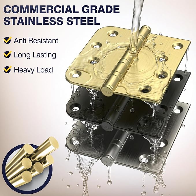 KOLET 4 Inch Gold Ball Bearing Door Hinges Square and 5/8'' Radius 12 Pack | - Image 4