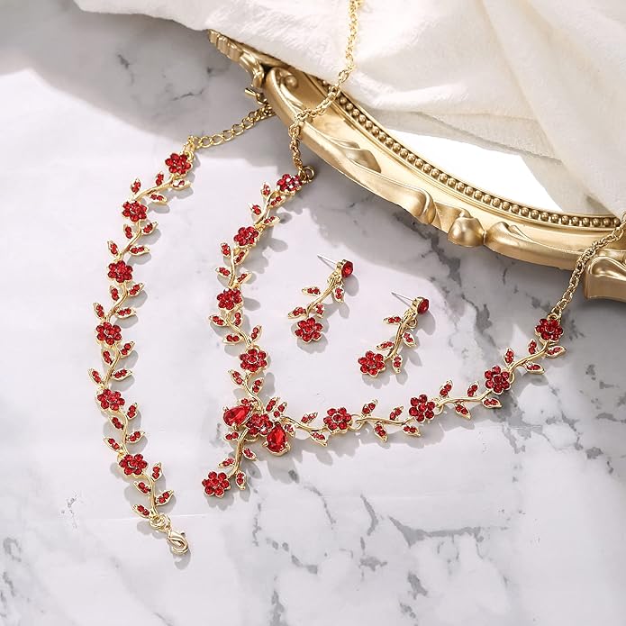 BriLove Women's Wedding Jewelry Leaf Cluster Flower Crystal Dangle Earrings Pendant Necklace Set for Bridal