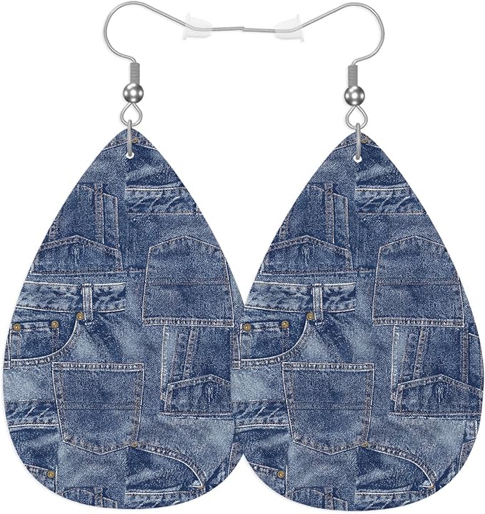 Denim Leather Teardrop Earrings Vintage Denim Stitching Fold Art Faux Leather Water Drop Earrings Jewelry For Women Friends Wedding