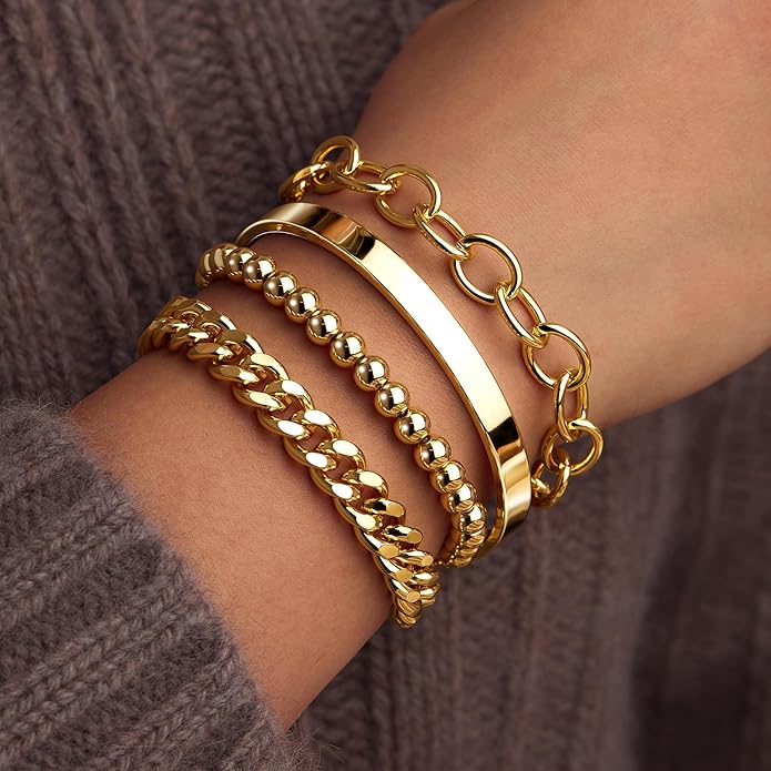 Gold Bracelets Set for Women Stack, Dainty Thick Bracelets Stack for Women Trendy, Simple Thin Gold Plated Cuff Stackable Bracelets With Beaded Cuban Paperclip Snake Rope Bangle Hand Chain Jewelry Gifts for Women Non Tainish
