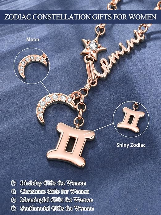 14K Gold/Rose Gold Zodiac Necklace for Women - Horoscope Constellation Pendant with Moon and Star, Luxury Birthday Gifts Jewelry for Her (12 Zodiac Signs)