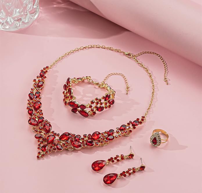 Crystal Bridal Wedding Jewelry Sets for Women Rhinestone Teardrop Crystal Statement Choker Necklace Drop Earrings Link Bracelets Rings Teardrop Jewelry Set for Brides Bridesmaids