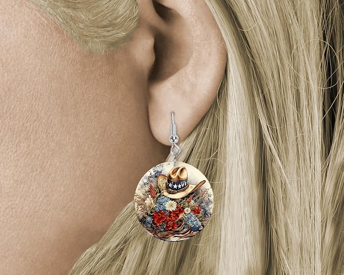 Round Wood Earrings Light Weight Printed Image Dangle Jewelry
